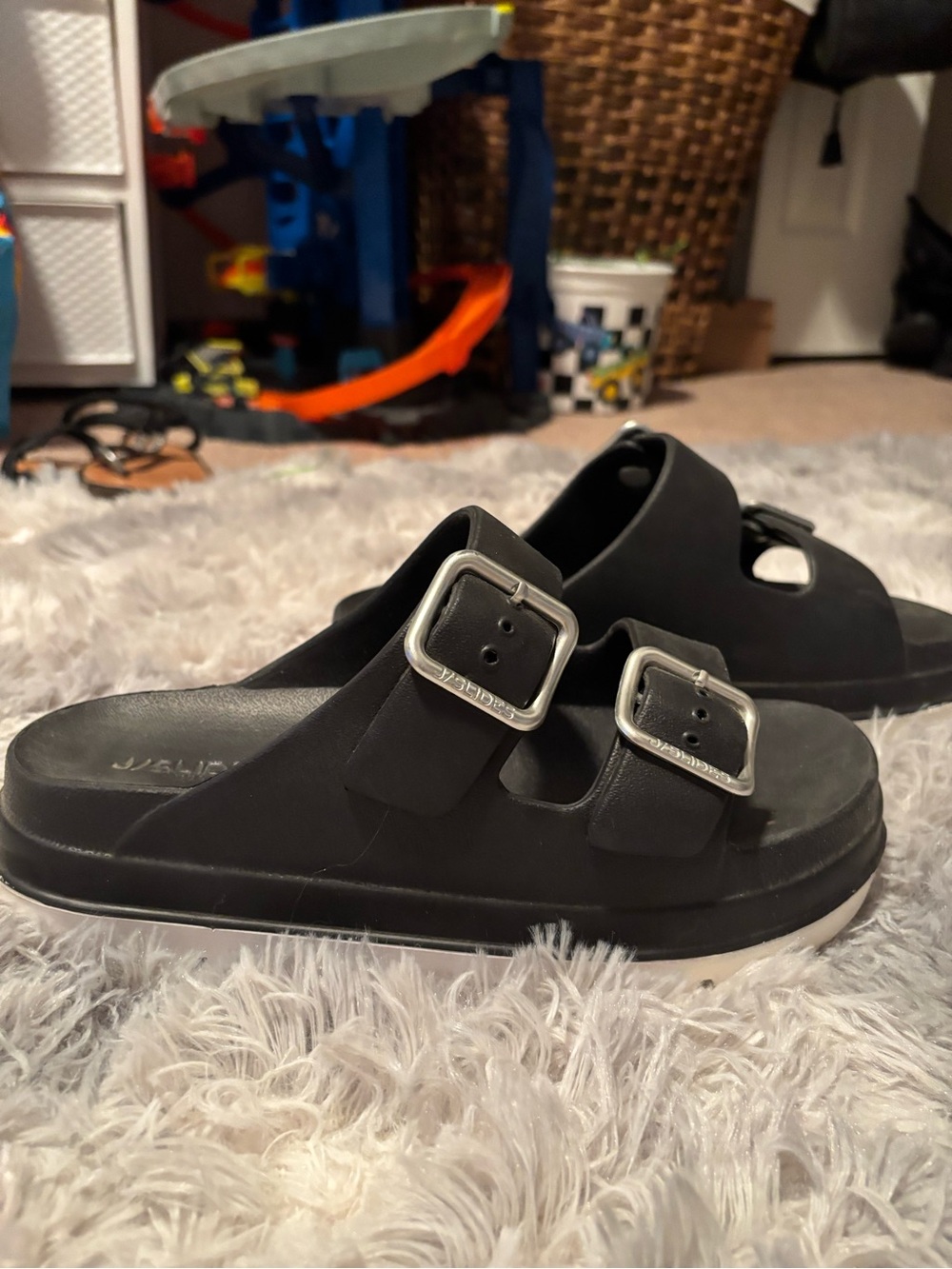 Women’s J Slides Black Double-Buckle Slide Sandals